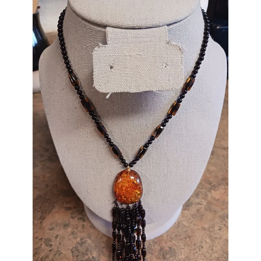Vintage Amber Tassel Necklace Beaded Fringe Statement Boho Jewelry